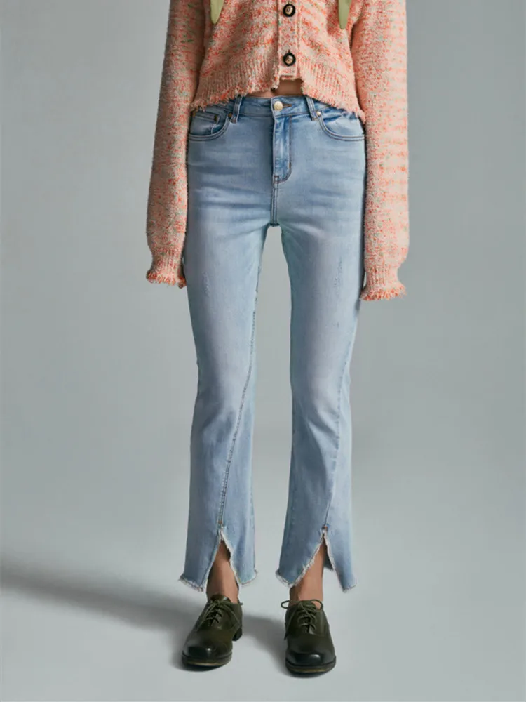 

2022 New Women High Waist Flared Jeans Spring Summer Asymmetric Slit Zipper Fly Fashion Female Denim Trousers