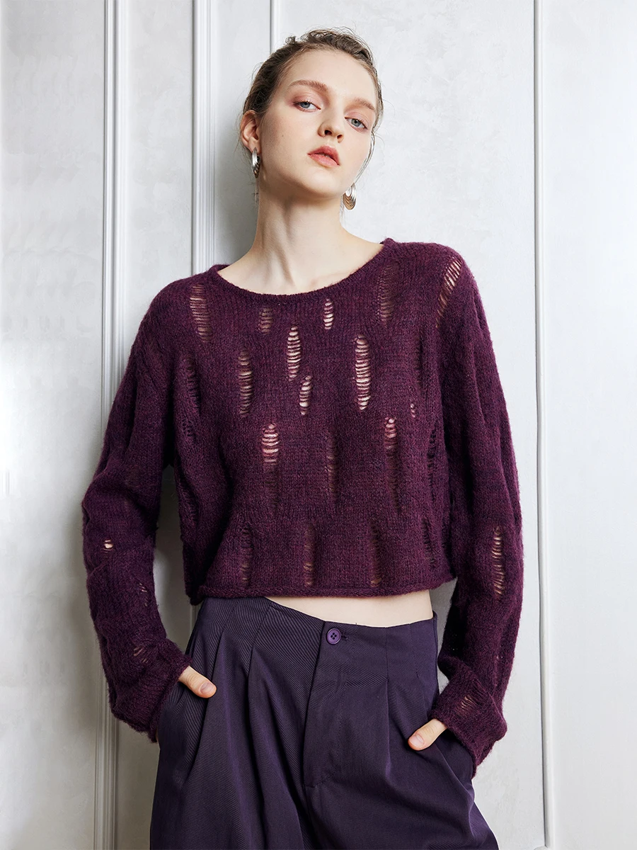 Oz Kingdom Повседневный свободный вязаный свитер двух цветов с отверстиями из