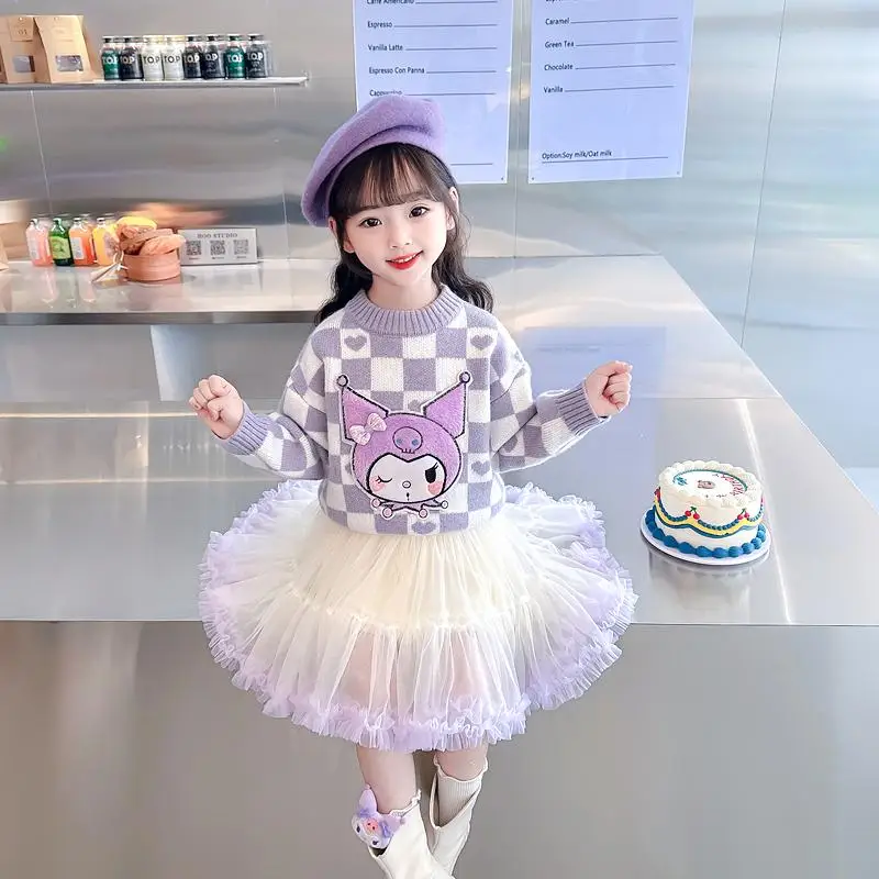 

Kawaii Sanrio Kuromi Knitting Shirt Anime Chilren Ins Knitted Sweaters Autumn Skirt Suit Embroidery New Sweet Girl Birthday Gift