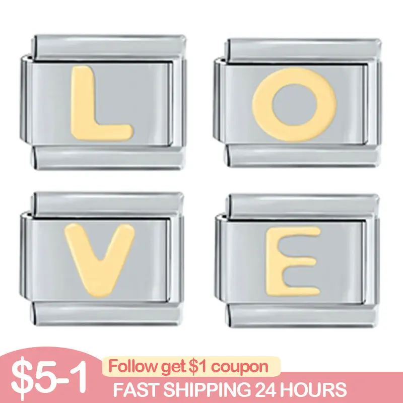

New Italian Charm Links Golden 26 Letters A-Z Pendant DIY Module Bracelet Fit 9mm Stainless Steel Bracelet Jewelry Making