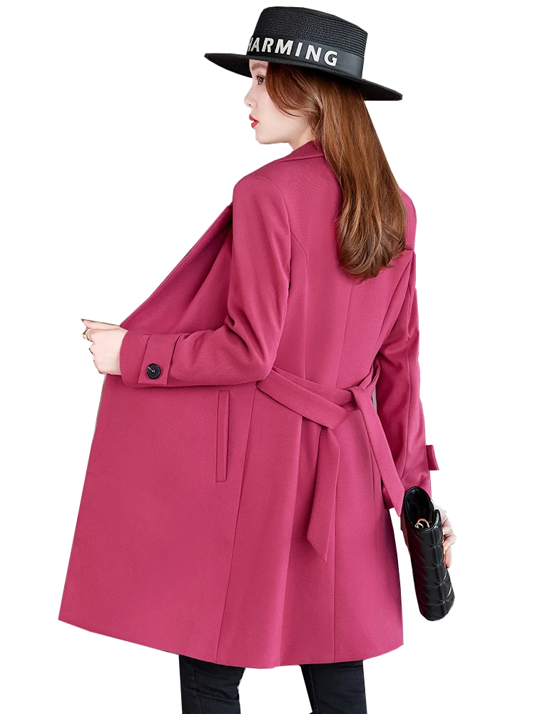 Women Autumn Winter Business Work Wear Blazer Formal Ladies Female Pink Black Navy Solid Long Jacket Coat With Sashes