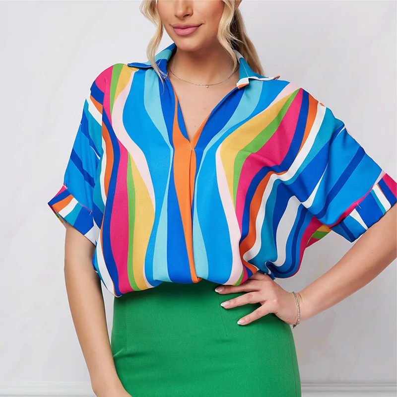 

Stripe Blouse Women Loose Short Sleeve Blouses Printing Elegant Womens Tops Oversized Shirts and Blouses Summer Women Clothing