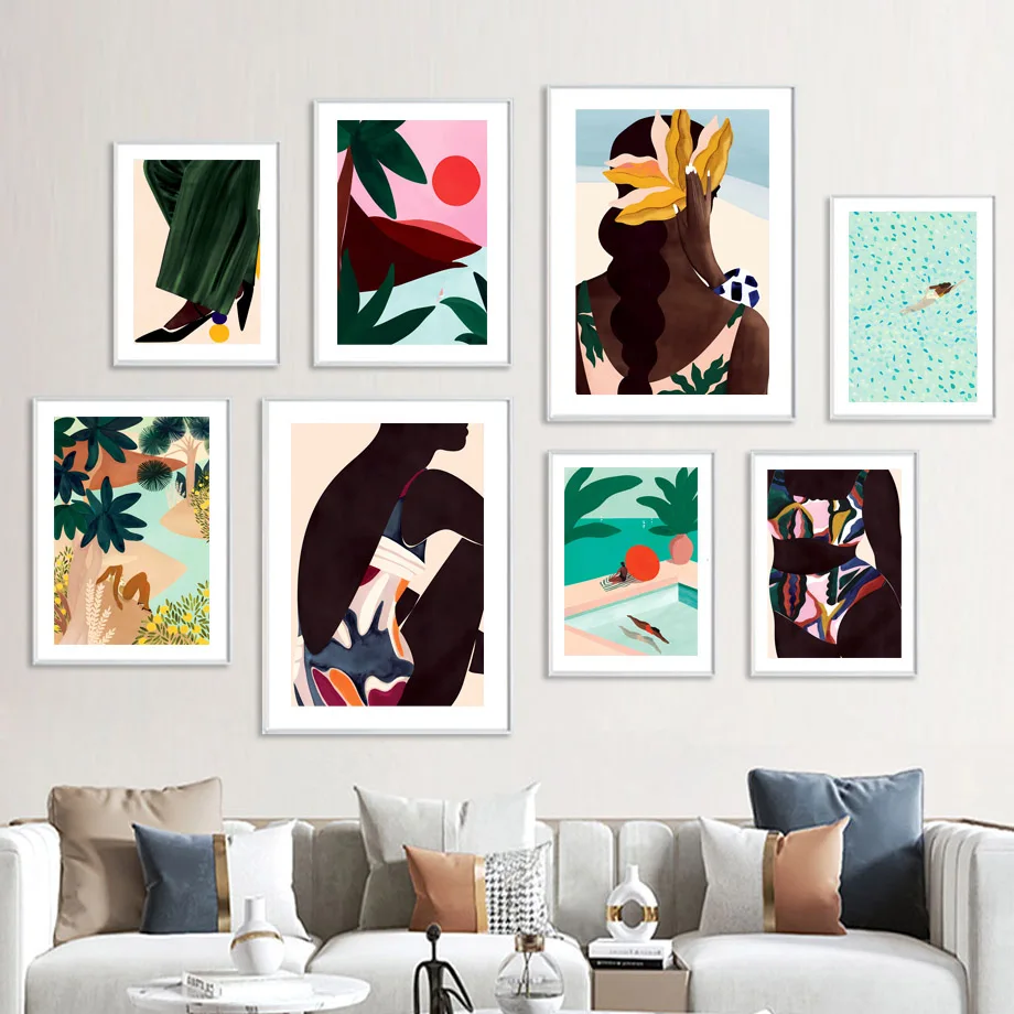 

Настенная Картина на холсте с изображением женщины, бассейна, постер с изображением тропического пляжа и деревьев для девочек, абстрактные картины для декора гостиной