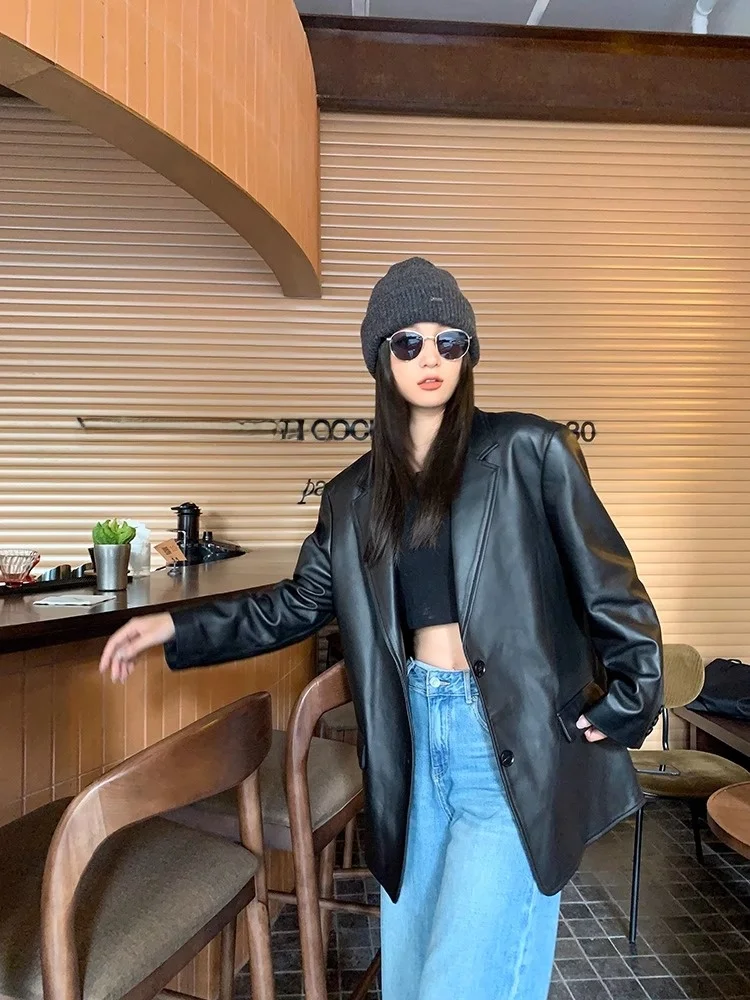 Lily Most2024 Весна и осень Новый черный костюм в стиле ретро High Sense кожаное пальто