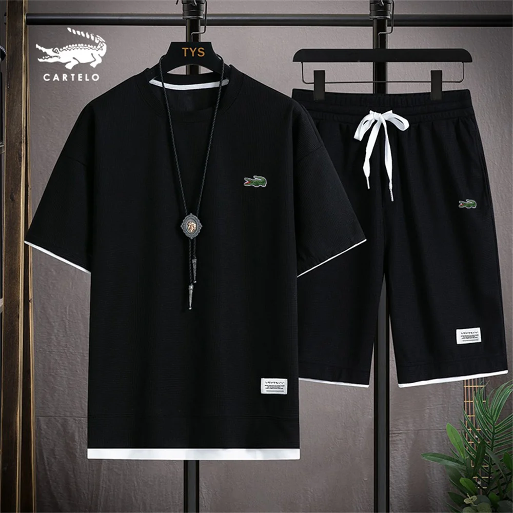 

2023 CARTELO Men's two-piece linen casual T-shirt and men's Sportswear Fashion short sleeved Sportswear LOGO embroidery