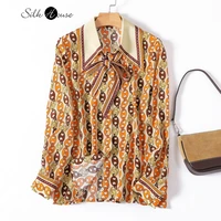 temperament silk shirt womens long sleeve fashion ribbon bow mulberry silk printed top 2022 spring and summer new style