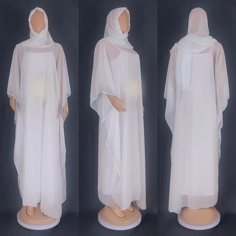 Abaya For Women Muslin Ramadan Robe Chiffon Hot Diamond Dress With Headcard Arabic Dubai Islam Abaya With Bat Sleeves Clothing