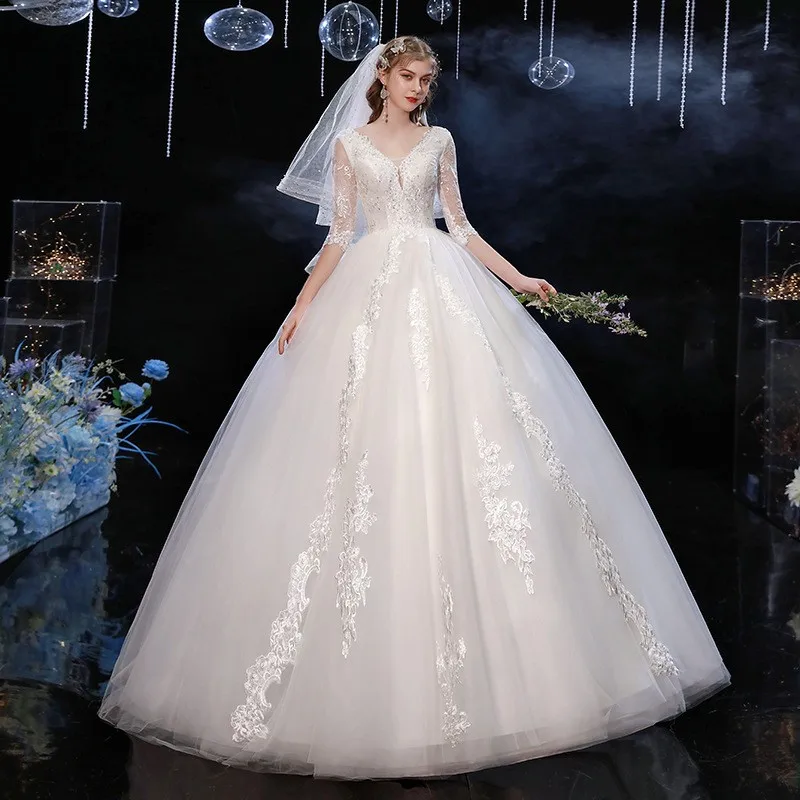 

Half Sleeve Deep V Neck 2023 New Wedding Dress Vestido De Noiva Princesa Uk Palace Crown Brides Ball Gown Plus Size Whole Sale