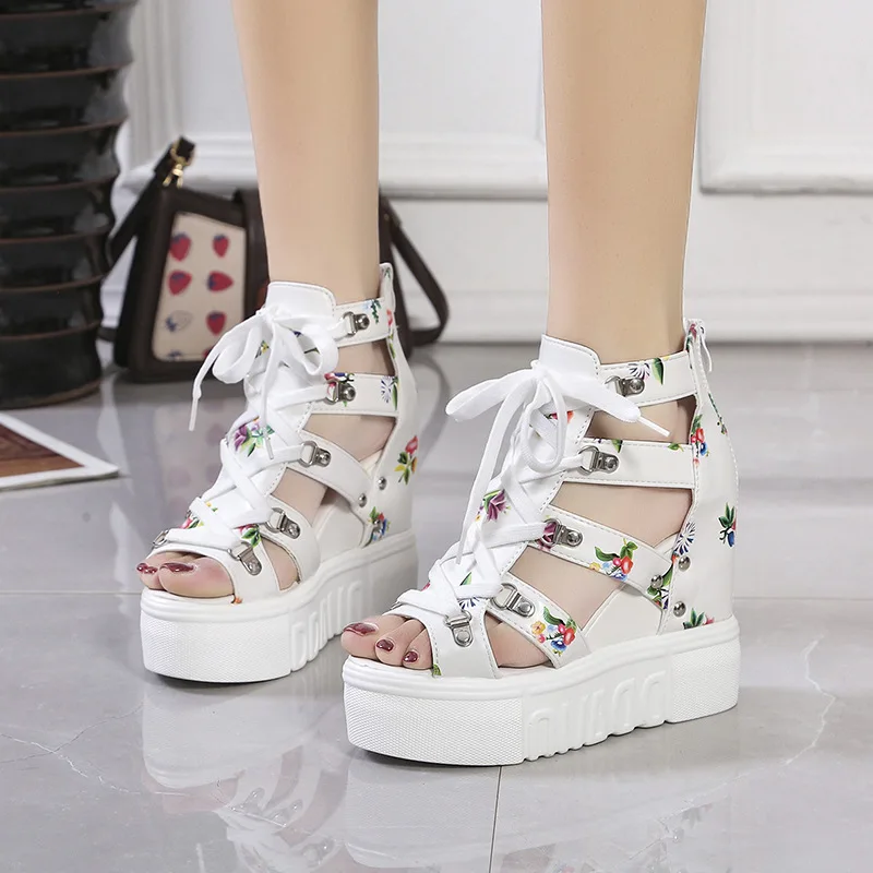 2022 Summer Printing Casual Wedge Women's Shoes Women's Sandals Thick Sole Laces High Heels Casual Women's Shoes Zapatos Mujer