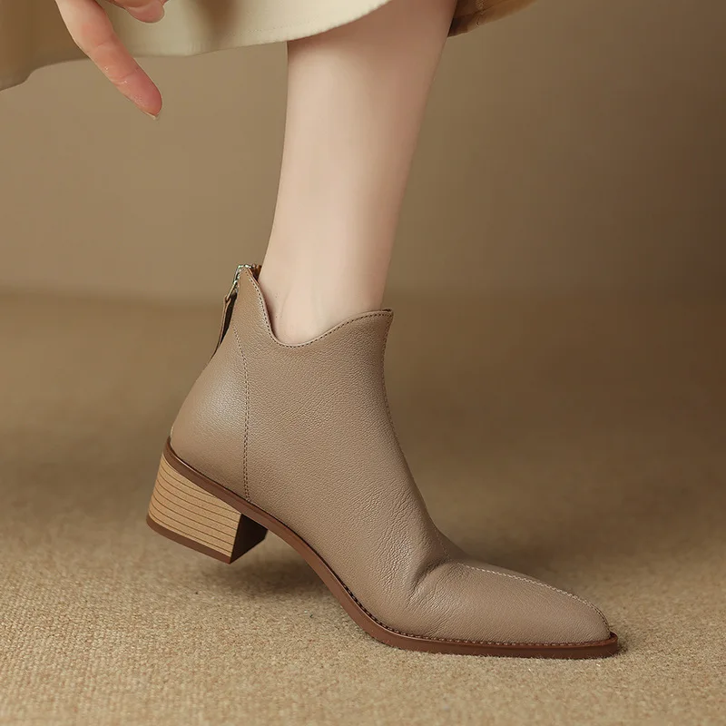 

Pointed British Style Gentle Women 2023 Back Zipper Thick Heel Versatile Short Boots