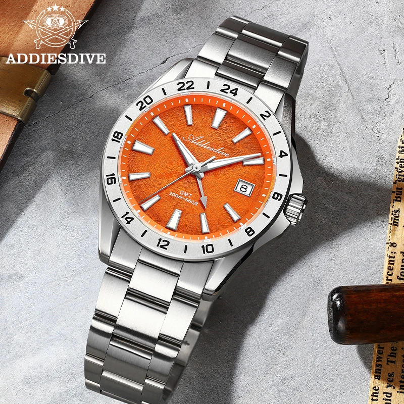 Фото ADDIESDIVE Роскошные мужские кварцевые часы с сапфировым стеклом, двумя часовыми поясами, швейцарским механизмом GMT, светящиеся, водонепроницаемые до 200 м, новинка 2026 года №2