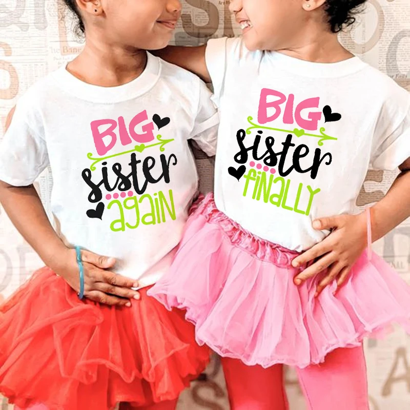 Big Sister Again/Finally Shirts Sisters Matching Clothes Girls Summer Short Sleeve T-shirt Family Look Outfit Announcement Tops