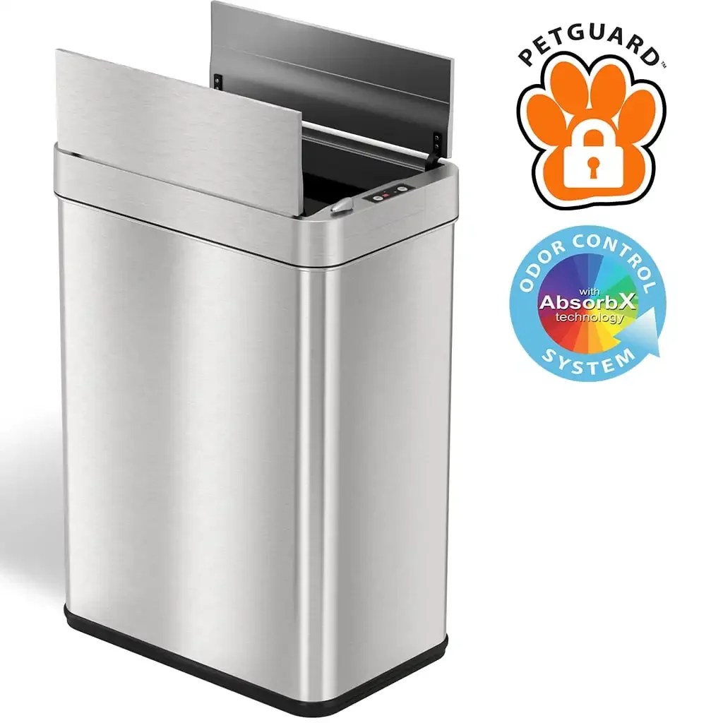 

iTouchless 13 gal Wings-Open Sensor Garbage Can with AbsorbX Odor Filter and Pet-Proof Lid, Stainless Steel Automatic Garbage