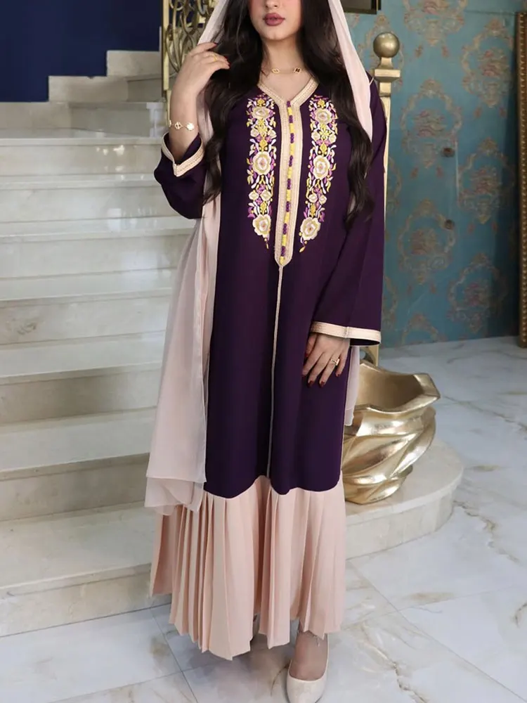 Длинное платье с вышивкой в арабском стиле, Jalabiya, марокканский кафтан, плиссированная Абая пэчворк, Женский Дубайский мусульманский скромн...