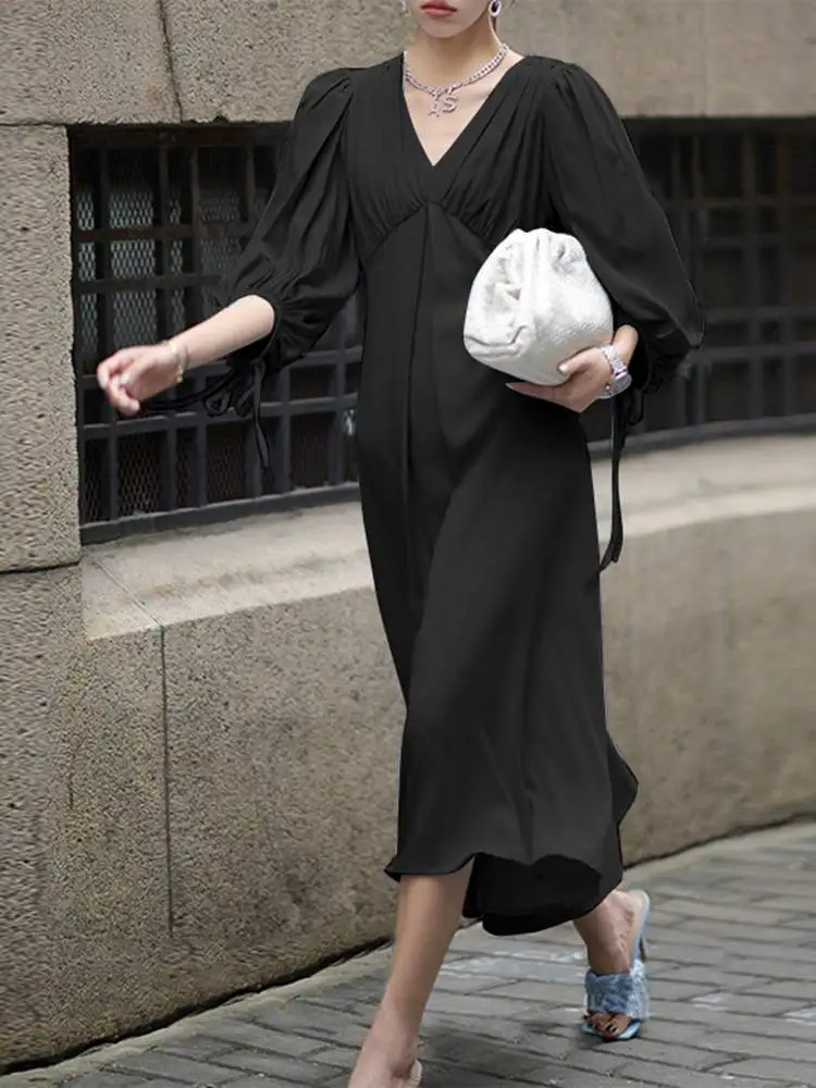 

ZANZEA Women Spring Solid Color Dress Femme Fashion Casual Oversized Holiday Office OL RobeLong Sleeve V Neck Midi Sundress