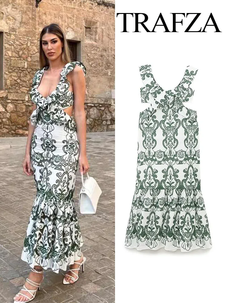 

TRAFZA 2023 Women Fashion V-Neck Tiered Decoration Sleeveless Backless Frenulum Ankle-Length Dresses Female Chic Dresses