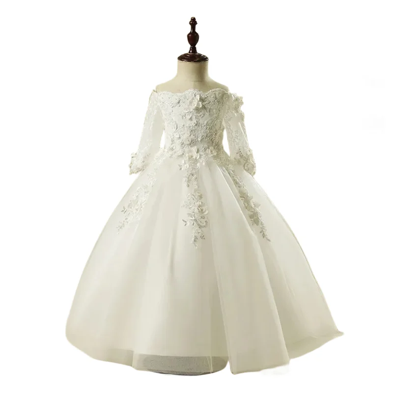 

Белое платье с длинным рукавом и цветочным рисунком для девочек, свадебные трапециевидные платья для девочек 10, 12 лет, детское платье для подружки невесты