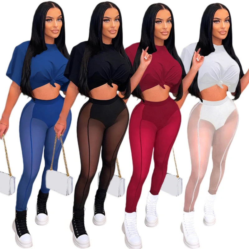 

Nightclub Women Sexy See-through Mesh Legging Pants + Solid Short Sleeve T-shirt Crop Top Two-piece 2022 Street Outfits