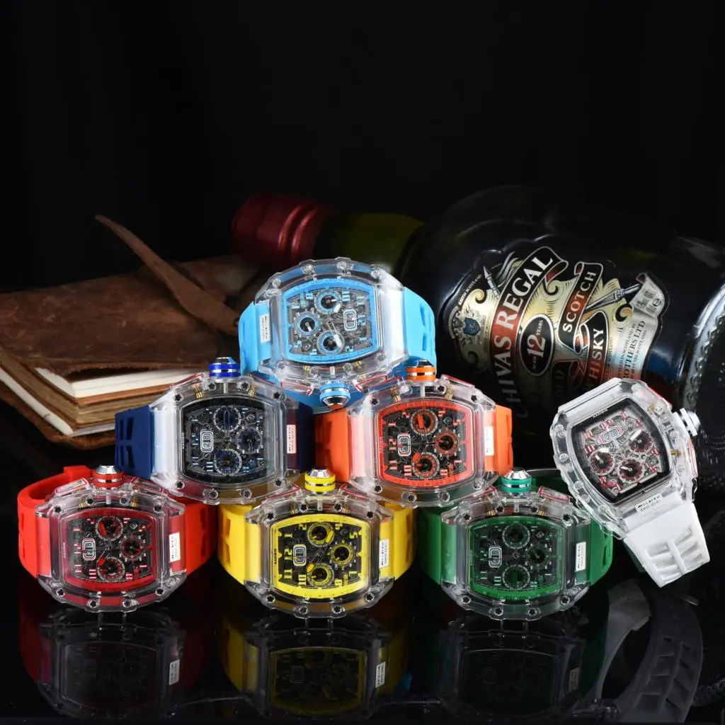 

2022 Men's Quartz Watches Crystal Transparent Multi-function Six-hand Running Second Rotating Tourbillon Calendar Quartz Watch