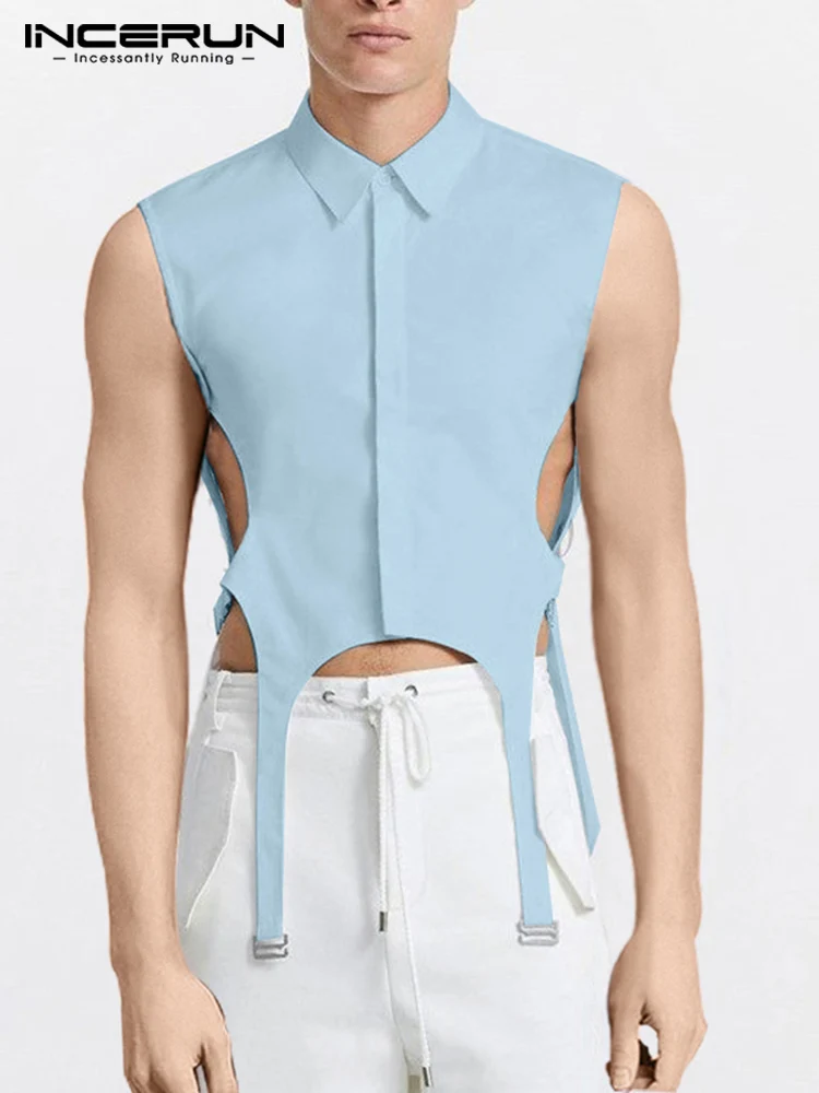 

Fashion Men Shirt Solid Color 2023 Lapel Sleeveless Hollow Out Men Irregular Shirts Streetwear Sexy Casual Camisas 3XL INCERUN 7