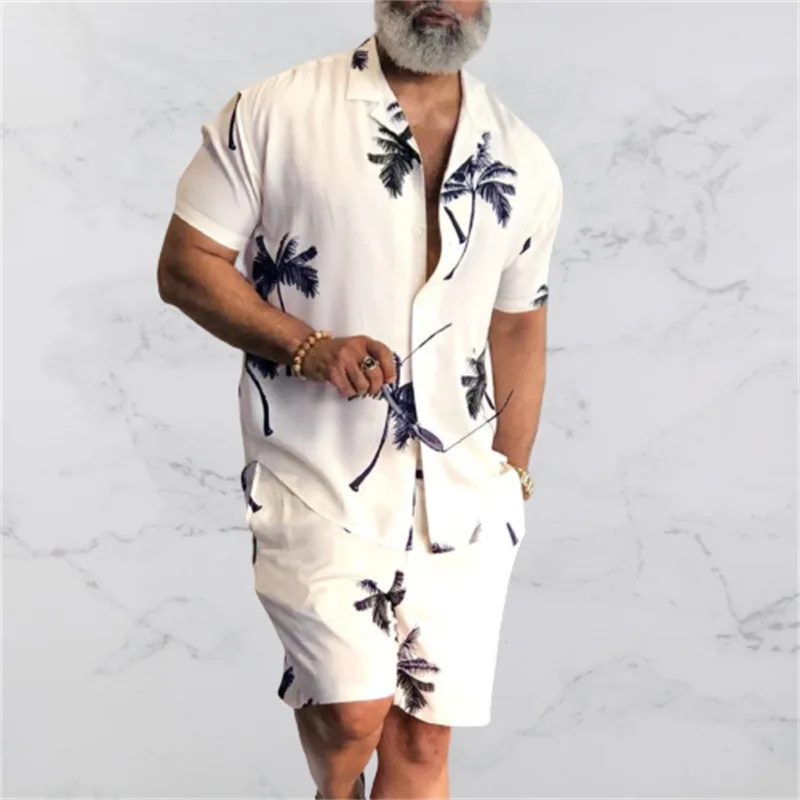 Summer Beach Wear Clothes Men Hawaiian Shirt Set 2 Piece Outfit Button Up Shirts Coconut Tree Printed Button Up TShirts Vacation