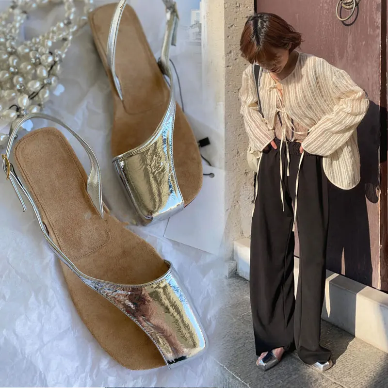 2023 New Silver Clip Toe Sandals Versatile Casual Women's Half Wrap Open Toe Flat Sandals Fashion Hollow Out Women's Shoes