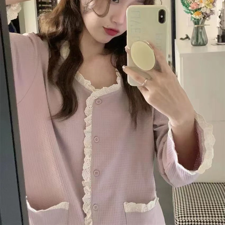 Пижамные комплекты женские фиолетовые с милыми оборками свободная удобная