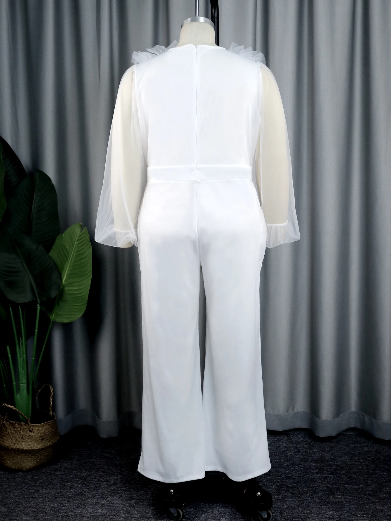 Plus Size Jumpsuits White See Through Long Sleeve Tulle V Neck High Waist Evening Party Overalls Rompers One Piece Outfits 5XL