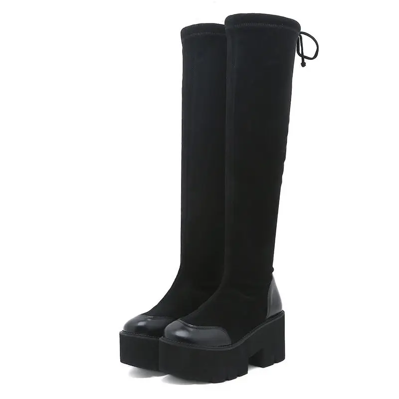 Fashion Knee High Boots for Women Chunky Platform Heel Thigh High Boots Slip On Stretch Boot Female Autumn Winter Shoes Size 43