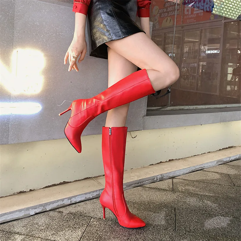 Big Size Women Knee High Boots Black White PU Thin Stiletto Heel Sexy Club Party Office Lady Pointed Toe Plush Zipper Long Boots