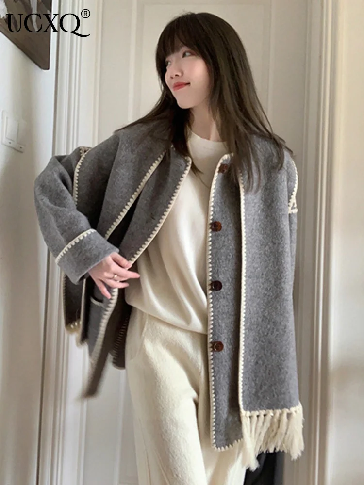 

UCXQ Korean Casual Tassels Scarf Single Breasted Women Woolen Overcoat Autumn Loose Gary Streetwear Long Sleeve Coat 10AB2860