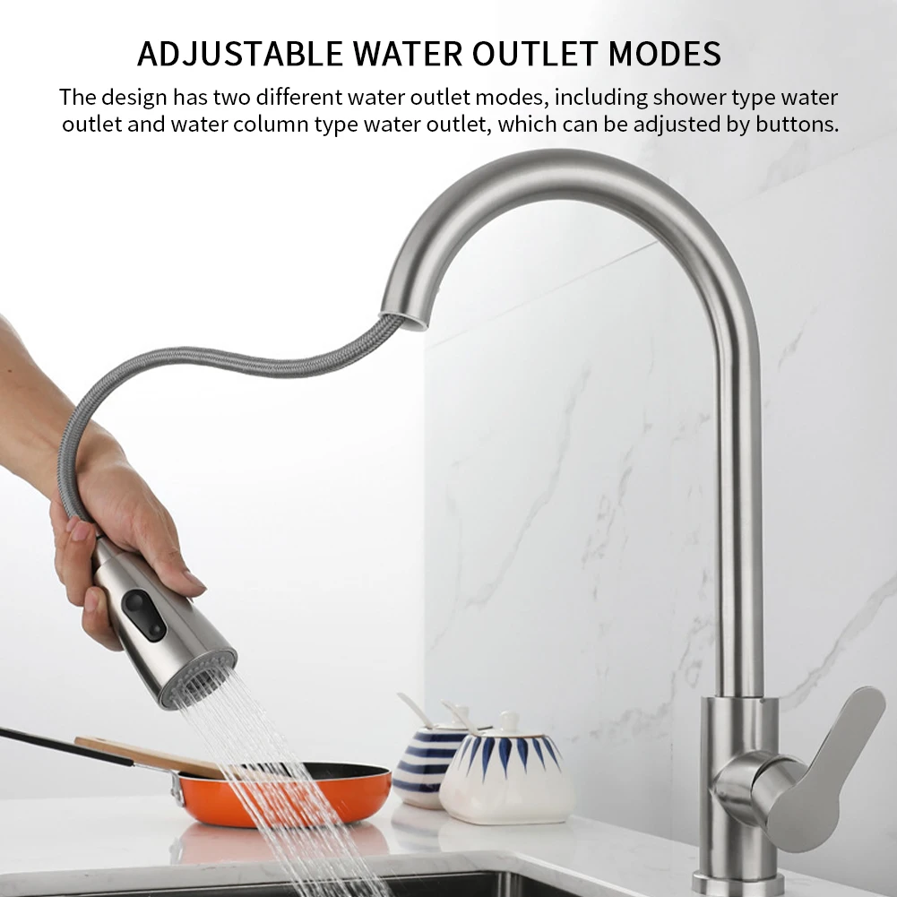 

With Sprayer Pull Out Modern Single Handle Hot Cold Home Kitchen Faucet Mixer Tap 2 Mode Sink Hose Stainless Steel