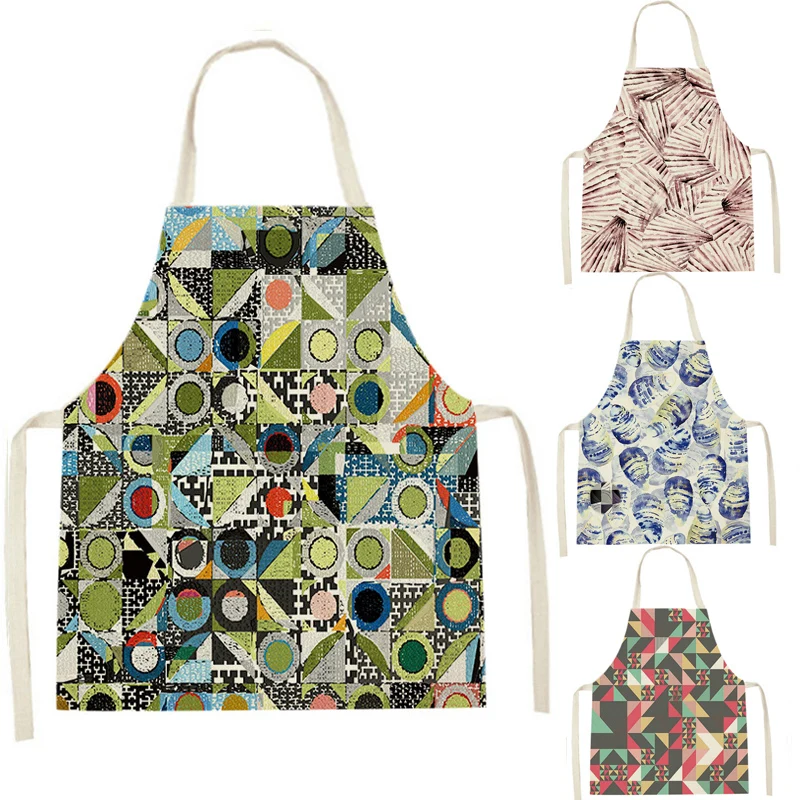 

1 Pcs Geometric Printed Cleaning Shell Aprons Sleeveless Home Cooking Kitchen Apron Cook Wear Cotton Linen Adult Bibs 66x47cm