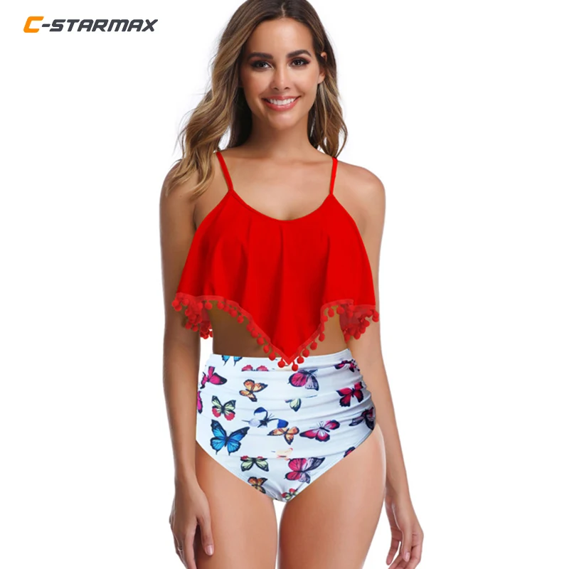 

Women Swimsuit Two Piece Double Flounce Girl Top with High Waist Ruched Bottom Tankini Set Swimwear Bathing Suit Plus Size