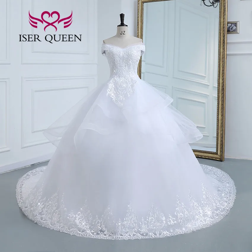 

Женское свадебное платье с открытыми плечами, белое кружевное платье со шлейфом, аппликацией и бисером, новинка 2023, платье невесты WX0314