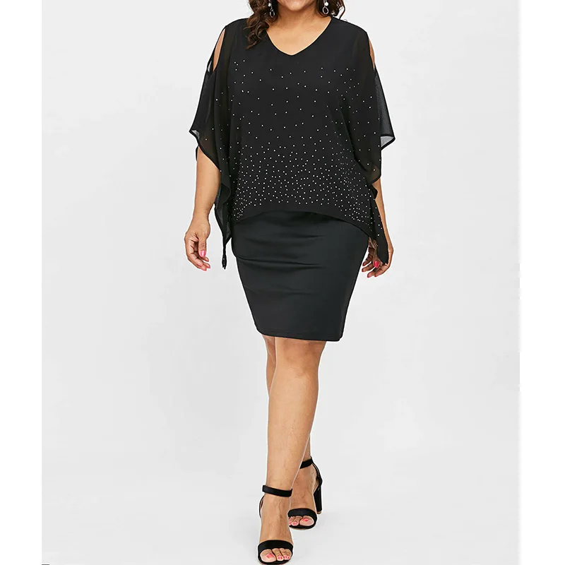 Hot Drill Hollow Out Black Fashion Summer Clothes for Women V-Neck Patchwork Flying Sleeve Pullover Plus Size Irregular Dresses