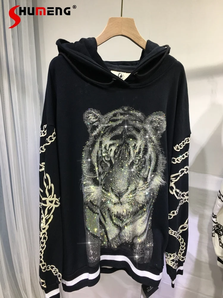 Animal Rhinestone Hooded Sweatshirt Tiger Head Iron Chain Loose Thickened Hoodies Clothes for Women Autumn and Winter Streetwear