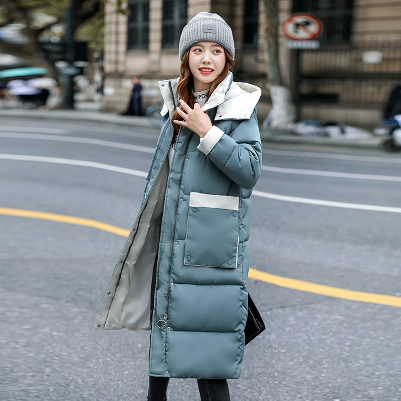 Patchwork Long Puffer Jacket with Hood for Women Winter Fashion Trends Clothing Office Ladies Bubble Coat Casual Warm Streetwear