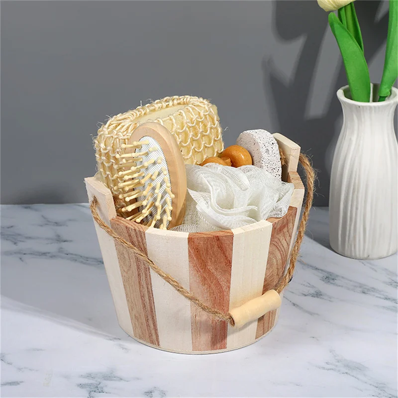 

Girls Portable Body Brush Set Wooden Bucket Shower Set Bath Ball