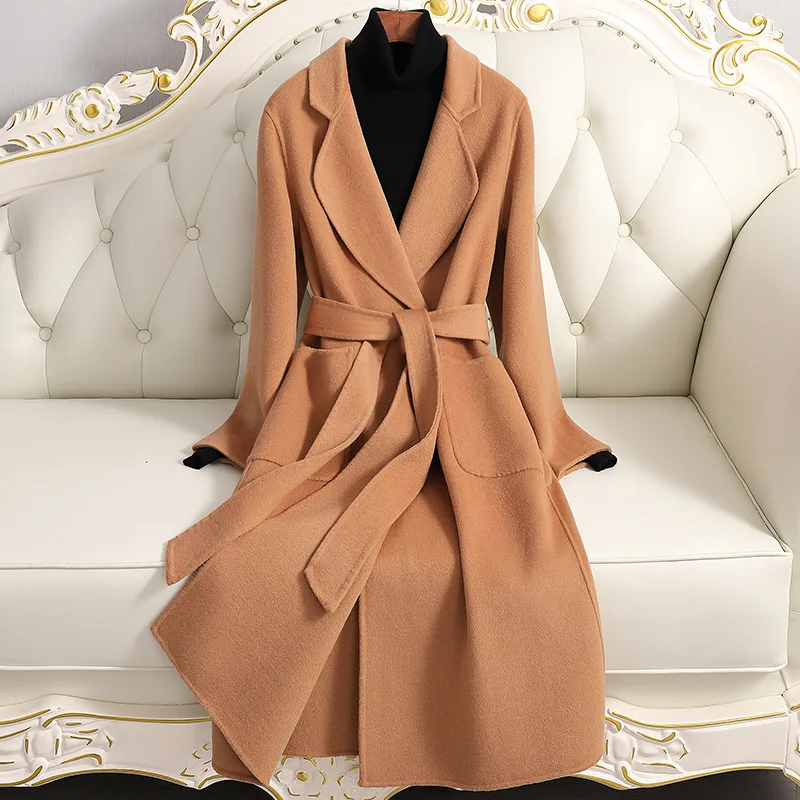 

Autumn 100% Wool Coats Women Double-breasted Pocket Long Coats Women Elegant Woolen Coat Veste Femme Tops 2023
