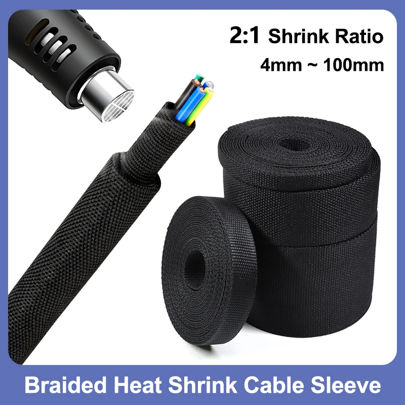 

Плетеный термоусадочный кабельный рукав 1/2/5/10 м, черный, 4 мм ~ 100 мм, ПЭТ-изоляция, защитный органайзер, защитная оболочка для проволоки
