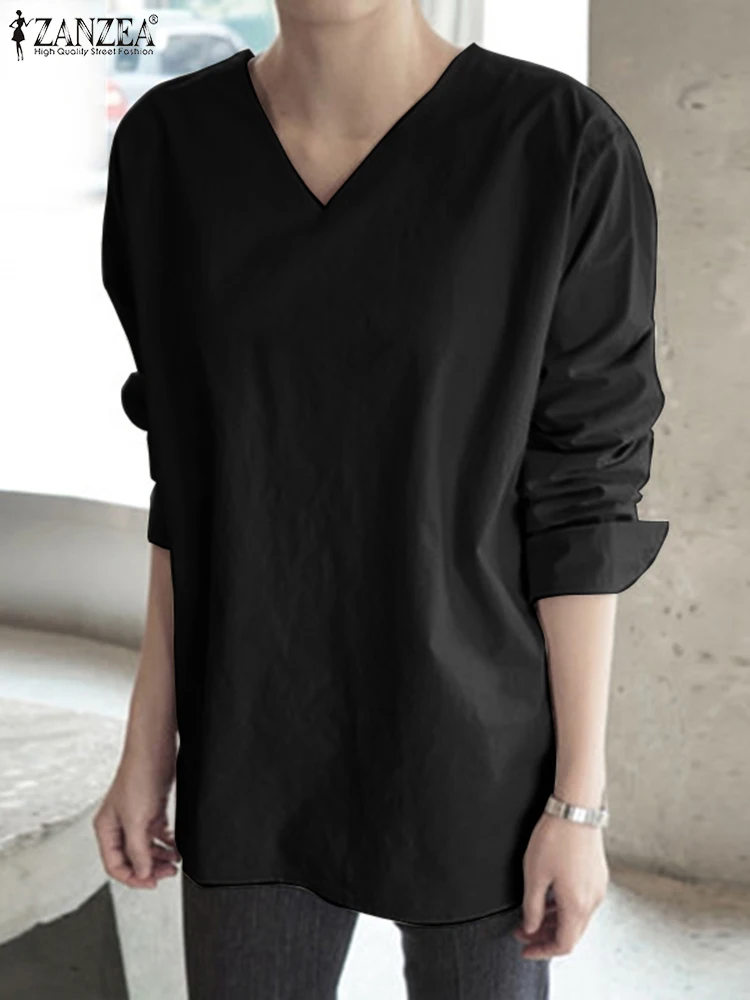 

Модная Осенняя элегантная однотонная офисная блузка ZANZEA, женская рубашка с V-образным вырезом и длинным рукавом, Повседневная Туника, топы, ...