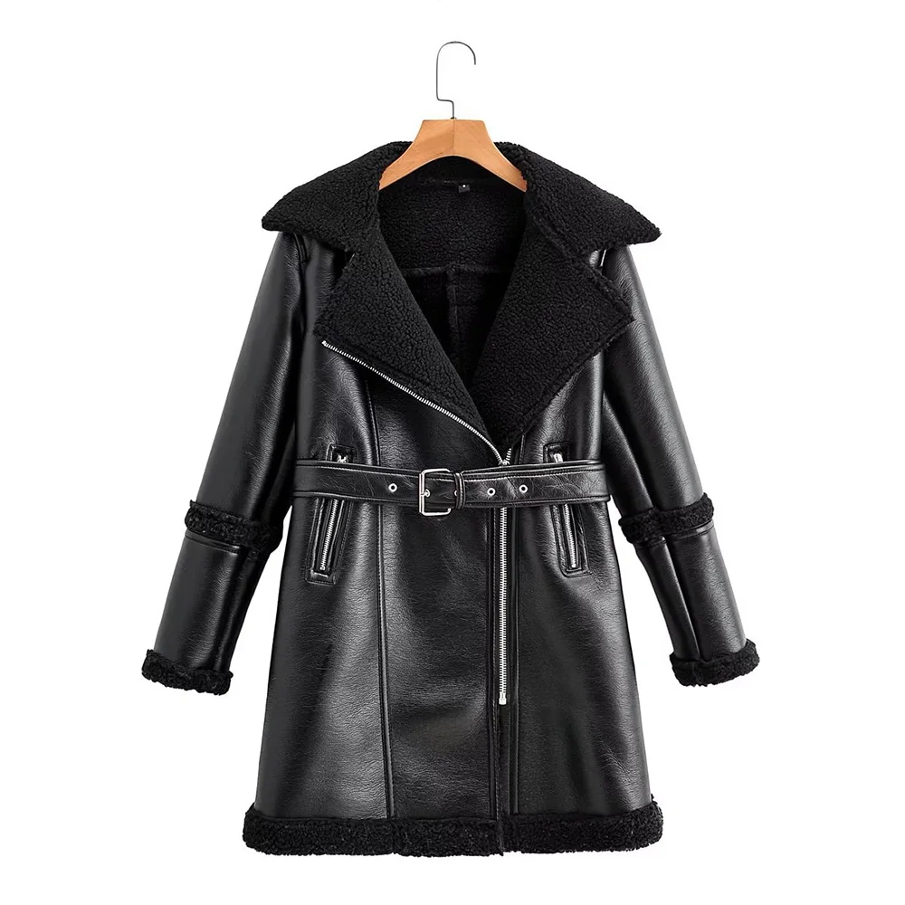

Winter Warm Thicken Leather Coats for Women 2022 New Fashion Bicolor with Belt Imitation Jackets Vintage Zipper Female Outerwear
