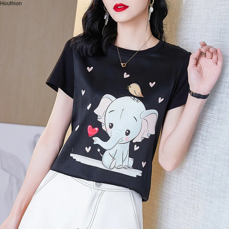 

Женская Новая повседневная футболка, модный топ с коротким рукавом, с мультяшным принтом слона, с круглым вырезом