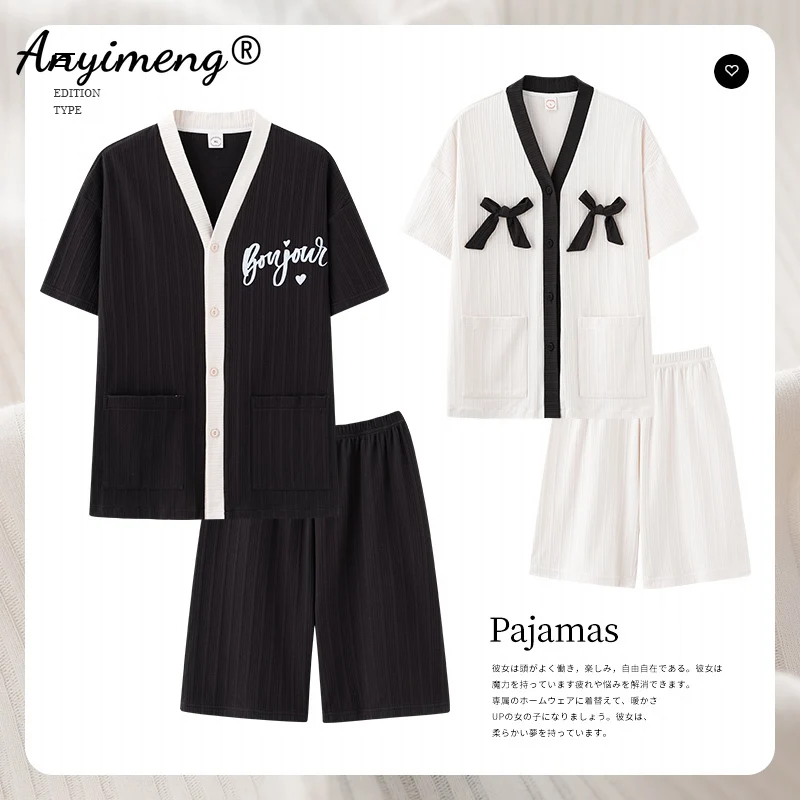 

Модные пижамы для пары, Новинка лета 2023, трикотажное хлопковое кимоно с V-образным вырезом в японском стиле, одежда для сна для мужчин и женщин, комплект сочетающихся пижам