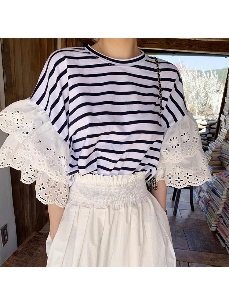 

Summer Women Vintage Striped T-Shirts O-Neck Short Sleeve Tees French Fashion Tops Patchwork Design Aesthetic Ins Street Chic