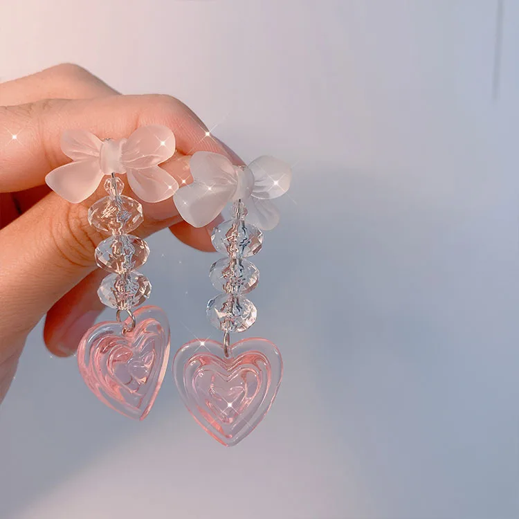 

2021 new silver needle sweetheart baby girl Showa wind bow Pink Love Earrings crystal long Korean Earrings female