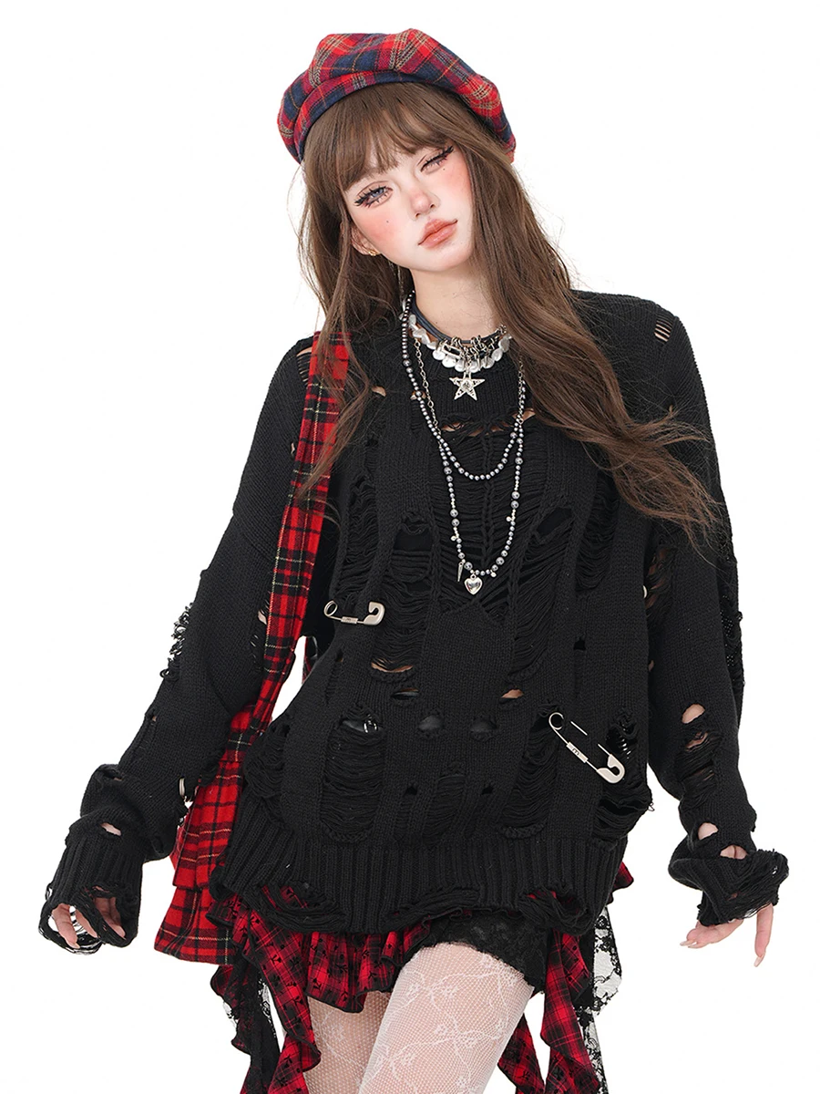 ReddaChic женский ажурный джемпер с большими булавками осенний однотонный длинными