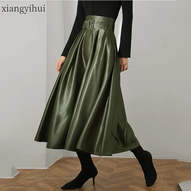 

Женская винтажная юбка из ПУ кожи, зеленая длинная трапециевидная юбка на молнии с высокой талией, Повседневная Уличная одежда для осени и з...