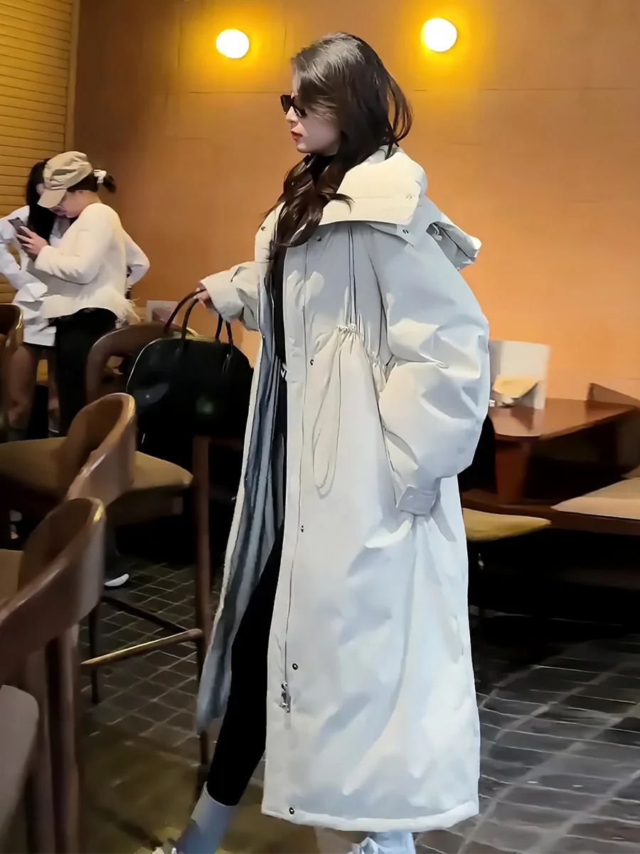 2024 Winter New Fashion Light Luxury Advanced Drawstring Hood Design Long 90 White Duck Down Down jacket Outerwear Women